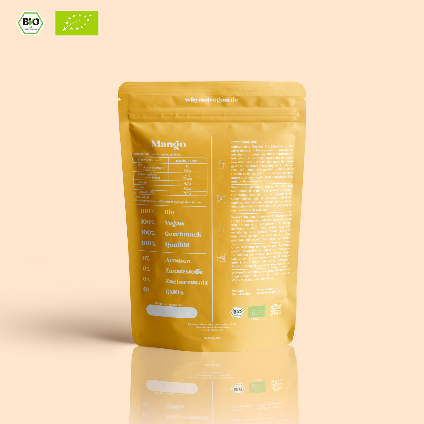 Rückseite der Bio Mango Pulver Verpackung – Nährwerte, Anwendungstipps und Qualitätsversprechen: 100 % Frucht, vegan, ohne Zusätze