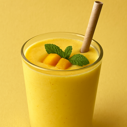 Frischer Mango-Smoothie mit Strohhalm, dekoriert mit Minze und Mangostücken – cremiges Rezept mit Bio-Mango Pulver, vegan und ohne Zuckerzusatz