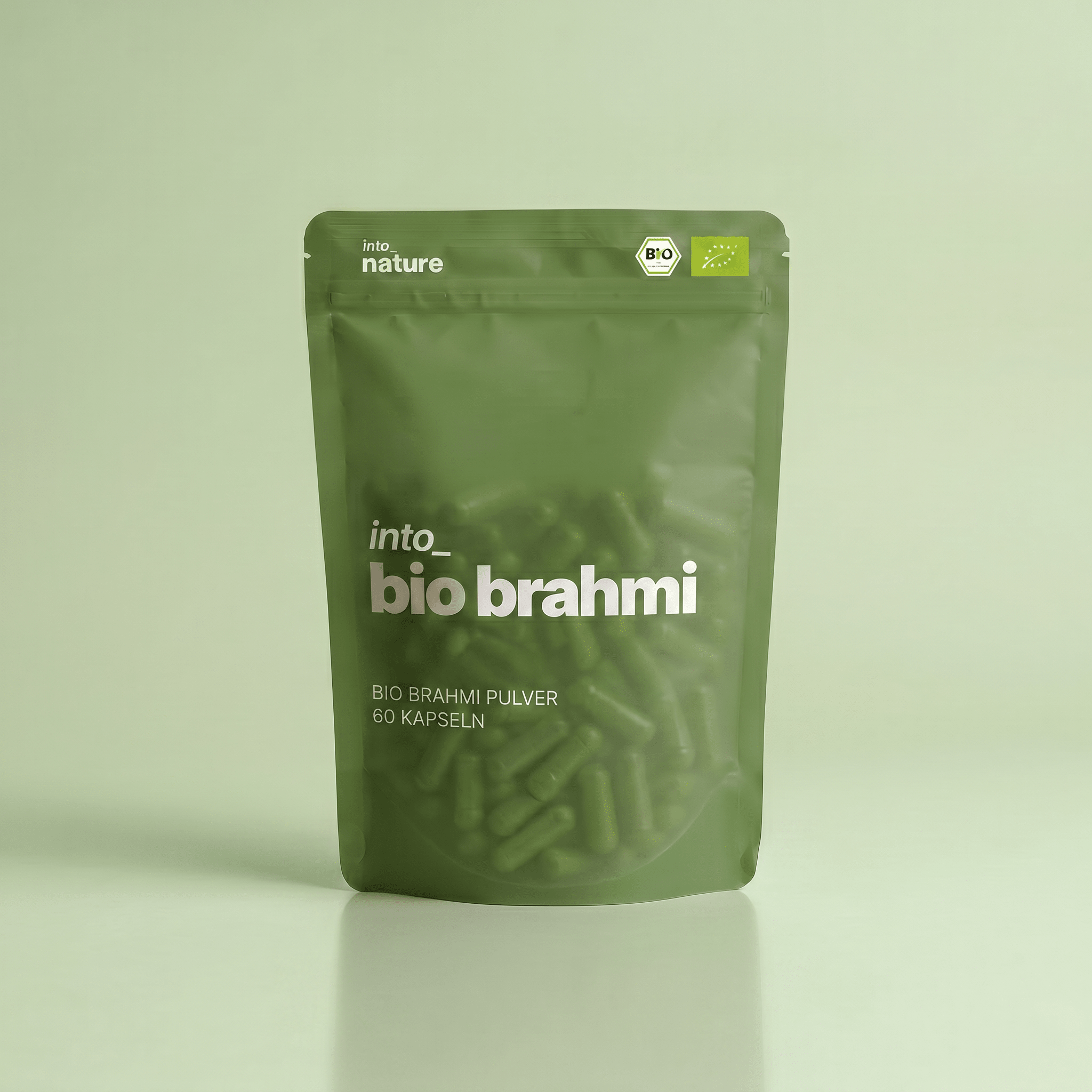 Verpackung der Into Nature Bio Brahmi Kapseln Vorderansicht