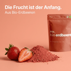 Fein gemahlenes Bio-Erdbeerpulver - 100% Frucht pur auf einem Dosierlöffel