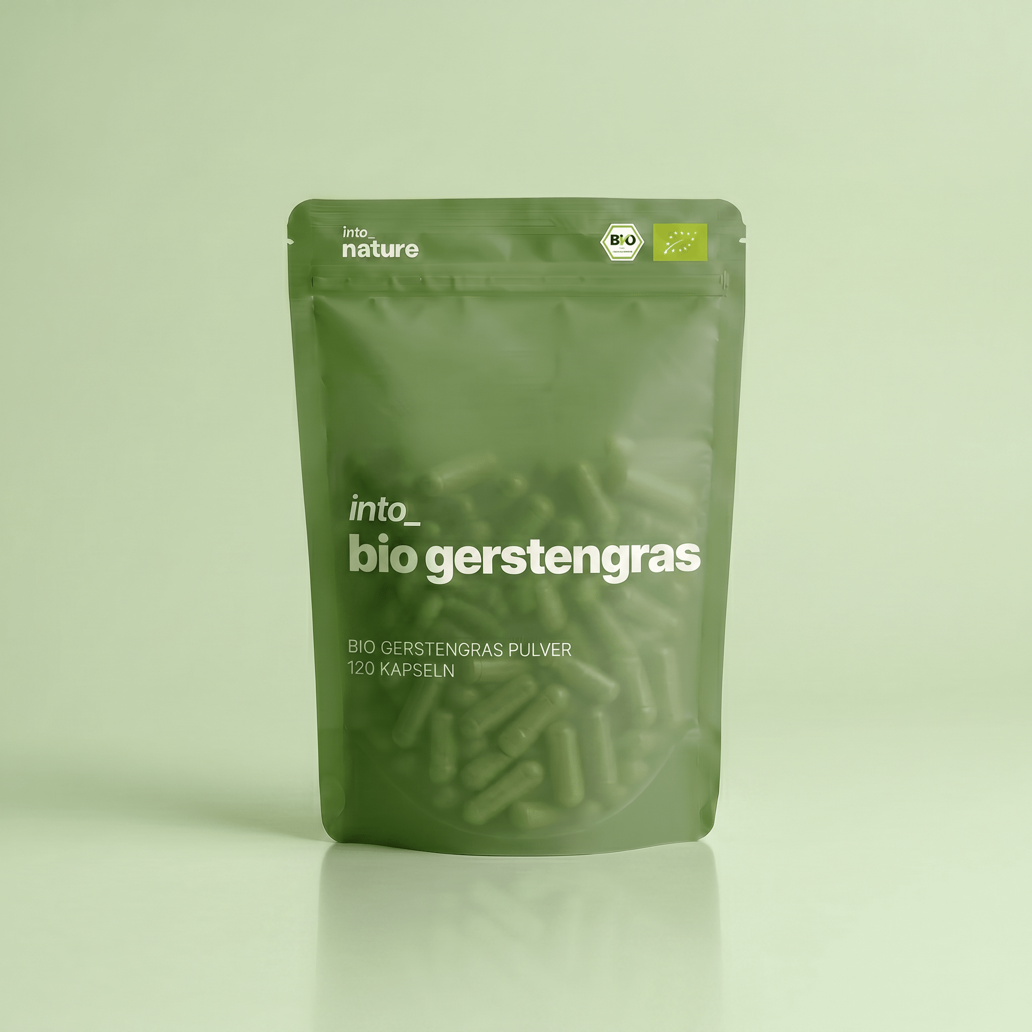 Verpackung der Into Nature Bio Gerstengraspulver Kapseln