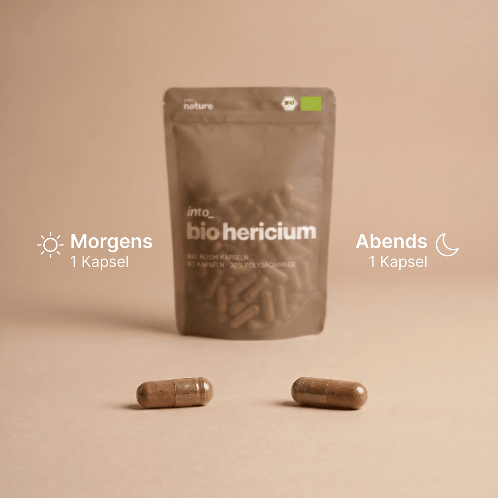 Zwei Hericium-Kapseln mit Einnahmehinweis morgens und abends je eine Kapsel