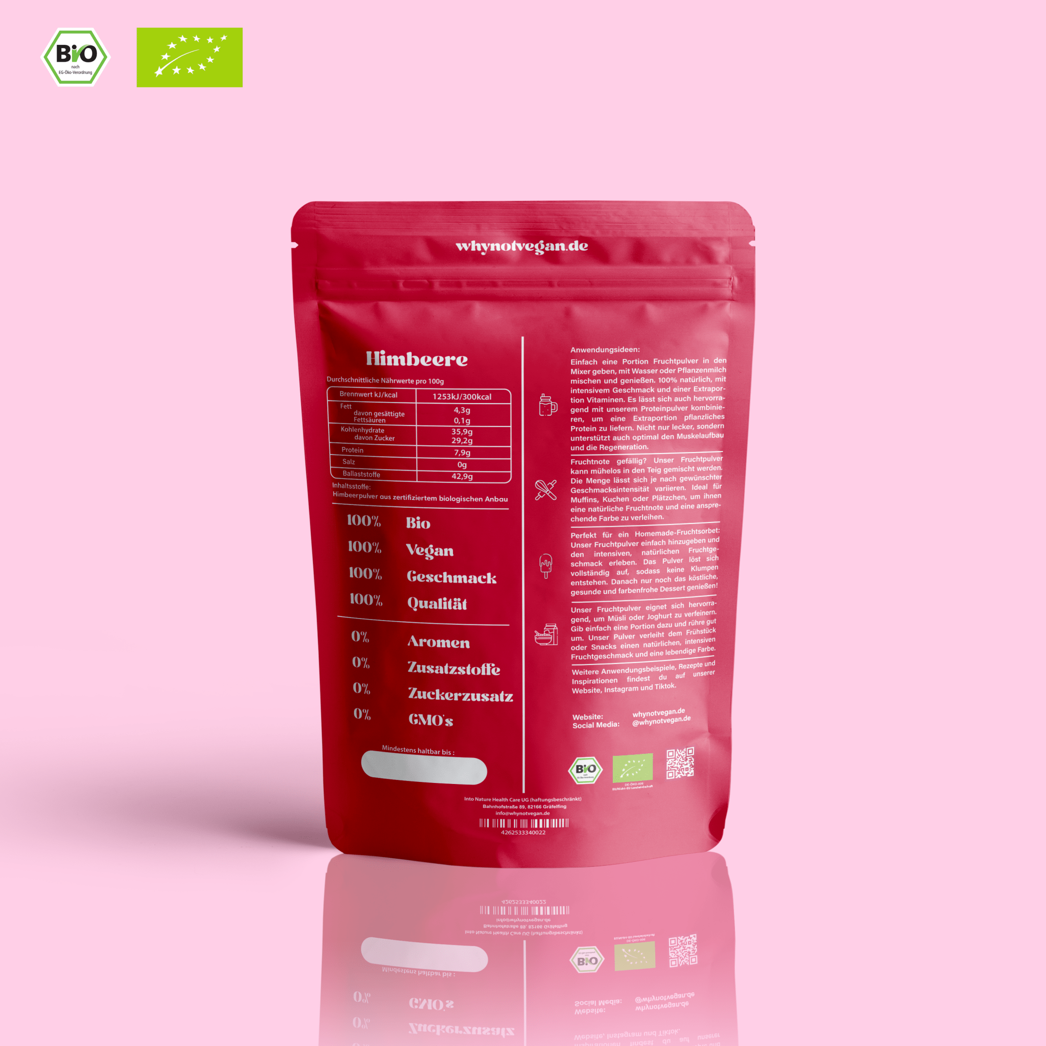 Bio Himbeerpulver gefriergetrocknet – 100 % Himbeeren, fruchtig-sauer, fein gemahlenes Pulver als natürliches Superfood für Smoothies, Joghurt und Backen